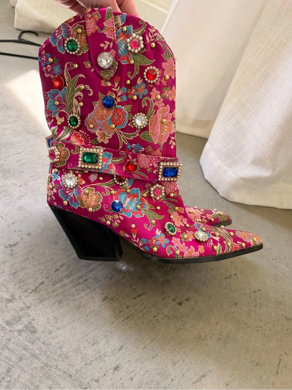 Fuchsia Embroidered Mid-Calf Western Boots with Jewel Accents - Picture 4 of 8